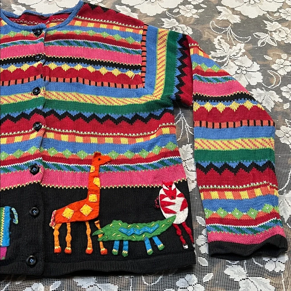Vintage Susan Bristol multicolor stripe knit cardigan embroidered safari animals - Picture 3 of 8